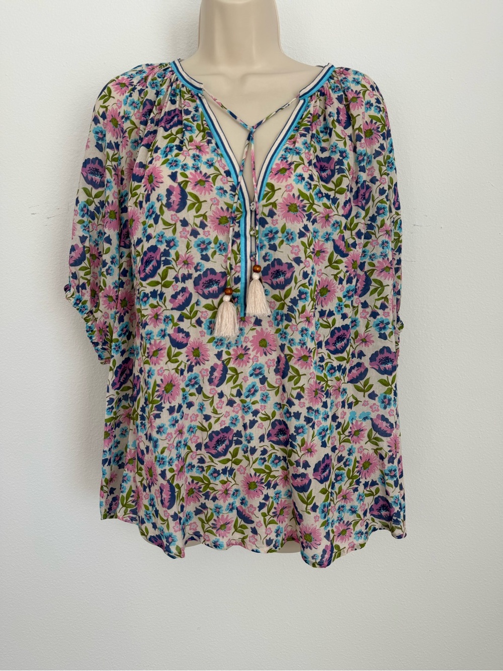 SPELL Floral Top Ivory Blouse Pink & Blue Cottagecore Festival Boho Medium